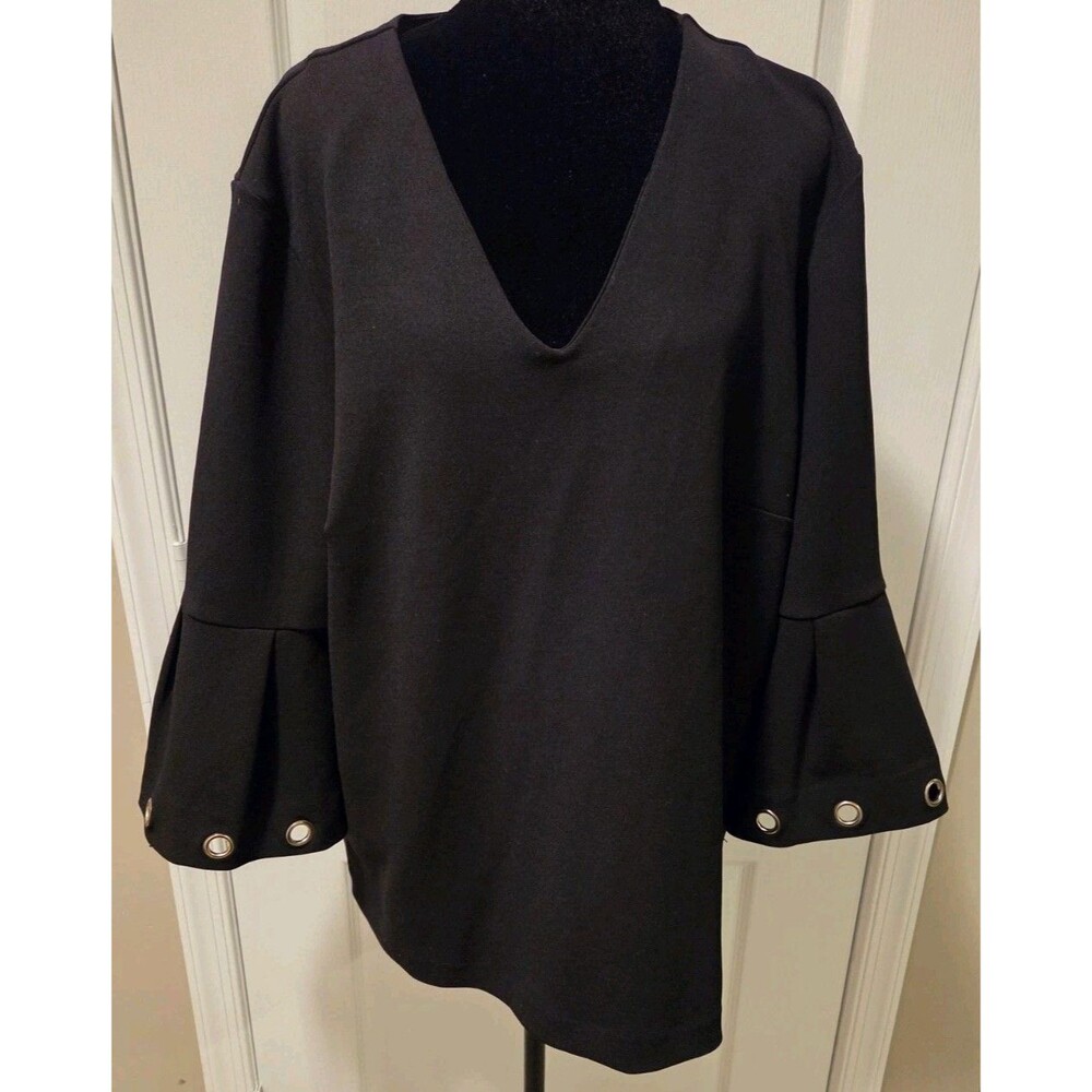 Anne Klein Womens Black Pullover Blouse w/ V-Neck & 3/4 Bell Sleeves - Size XL